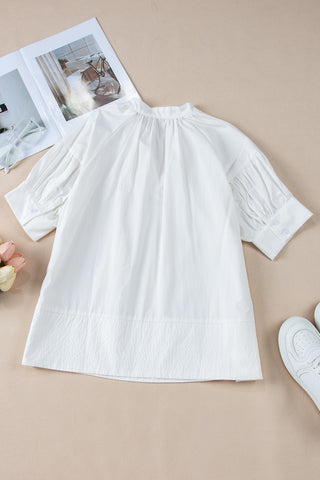 White Bubble Sleeve Blouse V Neck