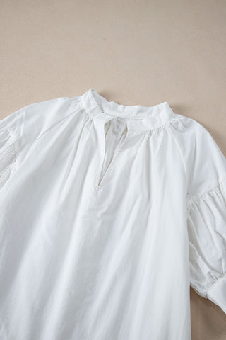 White Bubble Sleeve Blouse V Neck