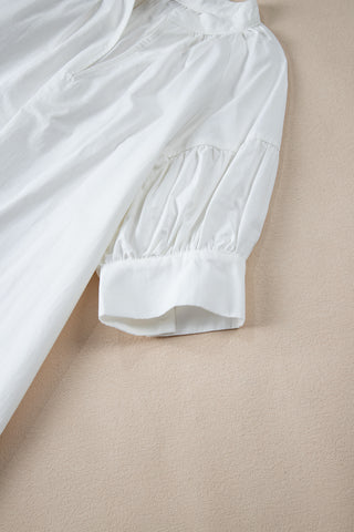 White Bubble Sleeve Blouse V Neck