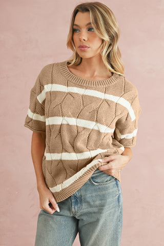 Beige & Cream Striped Twist Cable Knit Top