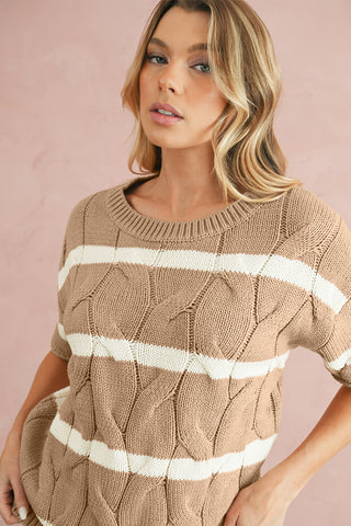 Beige & Cream Striped Twist Cable Knit Top