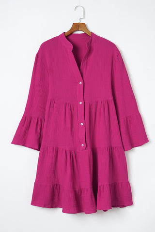 Hot Pink Crinkled Shirt Dress with Tiers