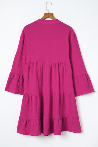 Hot Pink Crinkled Shirt Dress with Tiers