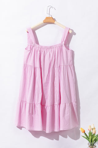 Pink Striped Short Dress with Ruffle Hem