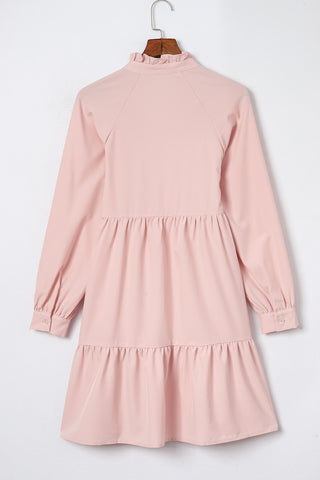 Pink Casual Stand V Neck Short Frill Dress - Alleure