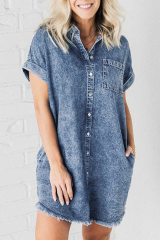 Wholesale Blue Mineral Wash Cuffed Sleeve Frayed Hem Denim Dress - Alleure