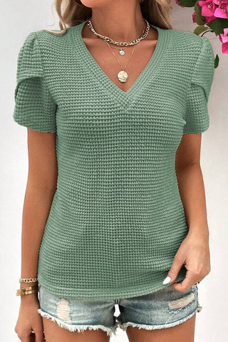 Tulip Sleeve V Neck Waffle Knit - 3 Colors