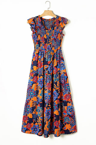 Dark Blue Boho Floral V Neck Ruffle Tiered Long Dress - Alleure