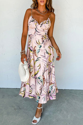 Apricot Tropical Print Spaghetti Straps Cupped Dress - Alleure