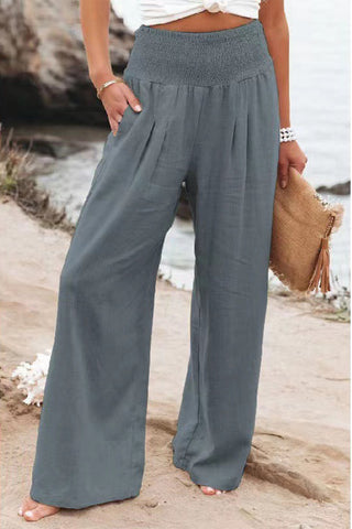 High Waist Wide Leg Shirred Waistpand Pants - 5 Colors