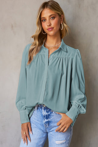 Long Sleeve Blouse with Pleats & Puff Sleeves - 3 Colors