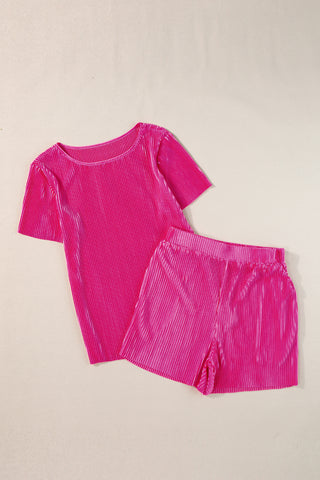 Bright Pink Ribbed T Shorts Set