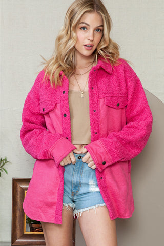 Hot Pink Faux Suede Sherpa Patchwork Button Up Shacket