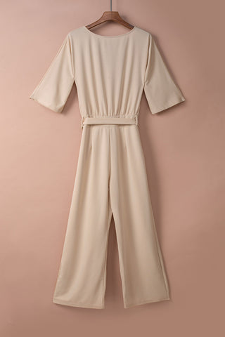 Beige Jumpsuit Boat Neckline Wide Legs Tie Sash