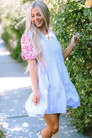 Sky Blue Stripe Floral Puff Sleeve Ruffle Tiered Dress - Alleure