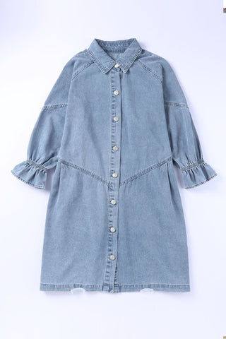 Light Blue Casual Buttoned Ruffle Denim Short Dress - Alleure