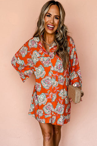 Orange Floral Loose Shirt Dress