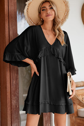 Black Ruffled 3/4 Sleeve V Neck Babydoll Short Dress - Alleure