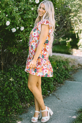 Purple Floral Print Split Neck Ruffle Mini Dress - Alleure