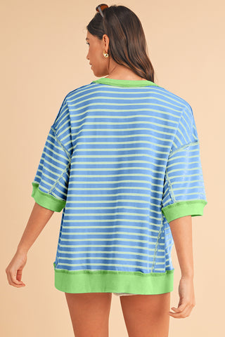 Black Stripe Contrast Trim Drop Sleeve Loose Top - Alleure