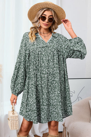 Green Ditsy Floral Print Notch Neck Long Sleeve Boho Dress - Alleure