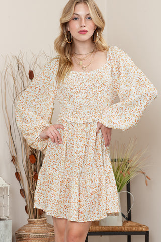 Apricot Boho Floral Smocked Puff Sleeve Short Dress - Alleure