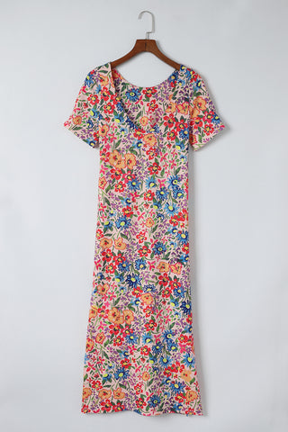 Multicolor Floral Print Ruffle Sleeves Open Back Maxi Dress - Alleure