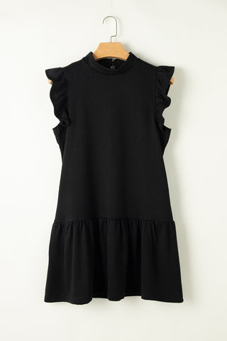 Black Solid Color Ruffle Hem Mini Sweatshirt Dress - Alleure