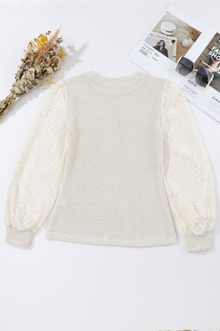 Waffle Knit Top Sunflower Detail Long Sleeves - 2 Colors