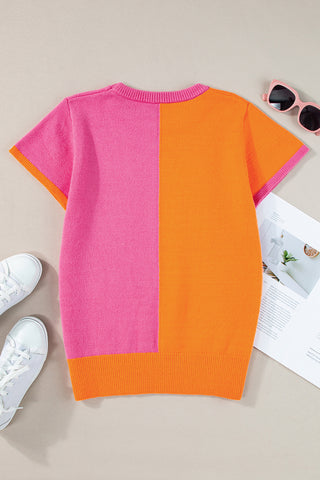 Orange Pink Colorblock Knit Cap Sleeve Top