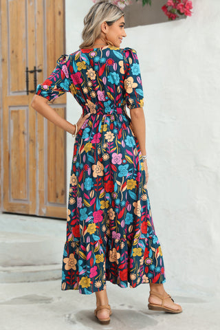 Wholesale Green Floral Print Split V Neck Puff Sleeve Maxi Dress - Alleure