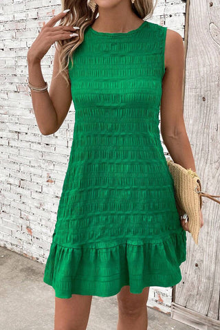 Green Textured Short Dress with Tie Back