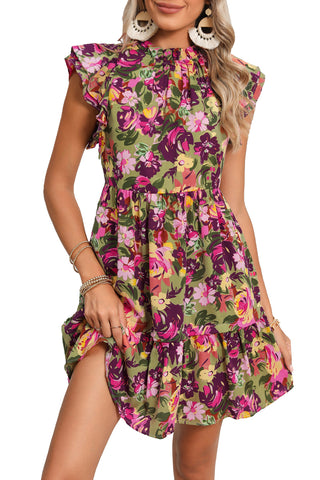 Green Floral Print Flutter Shoulder Ruffled Mini Dress - Alleure