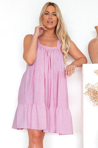 Wholesale Pink Striped Ruffle Hem Sleeveless Mini Flared Dress - Alleure