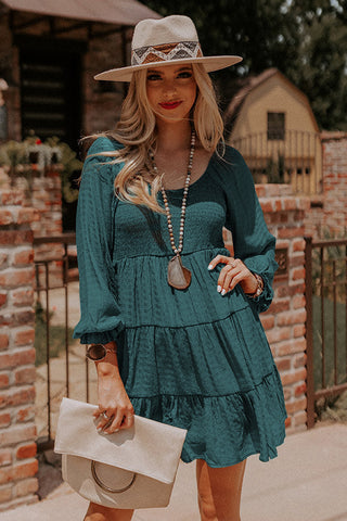 Mist Green Long Sleeve Smocked Tiered Boho Dress - Alleure