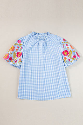 Light Blue Gingham Blouse with Embroidered Flowers on Puff Sleeves