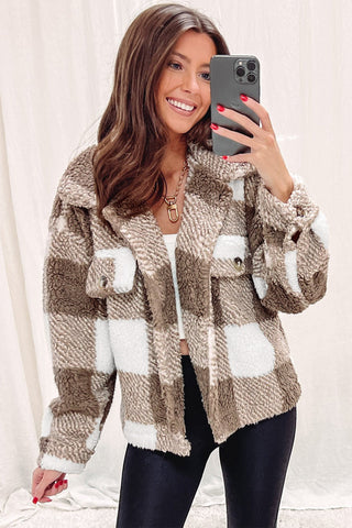 Brown & White Plaid Sherpa Jacket