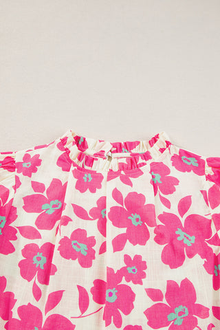 Floral Blouse with Puff Sleeves Frill Neckline