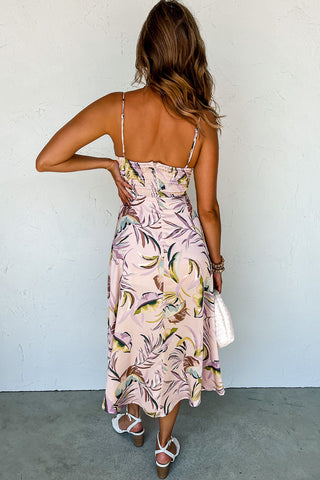 Apricot Tropical Print Spaghetti Straps Cupped Dress - Alleure