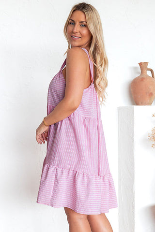 Wholesale Pink Striped Ruffle Hem Sleeveless Mini Flared Dress - Alleure