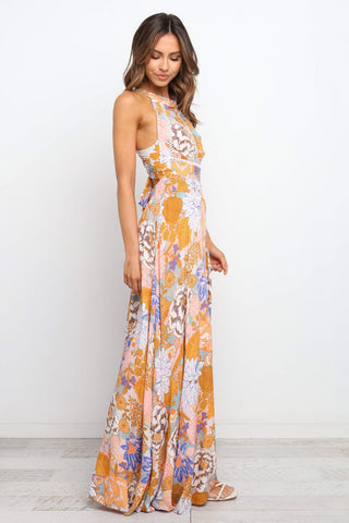 Orange Boho Floral Print Backless Lace-up Halter Maxi Dress - Alleure