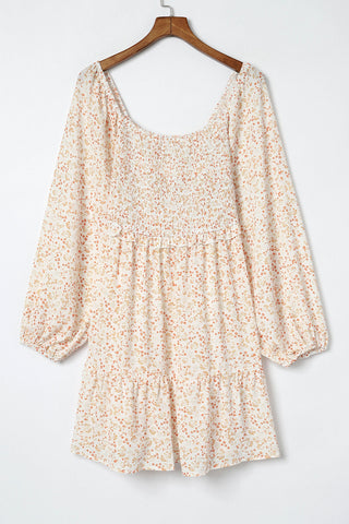 Apricot Boho Floral Smocked Puff Sleeve Short Dress - Alleure