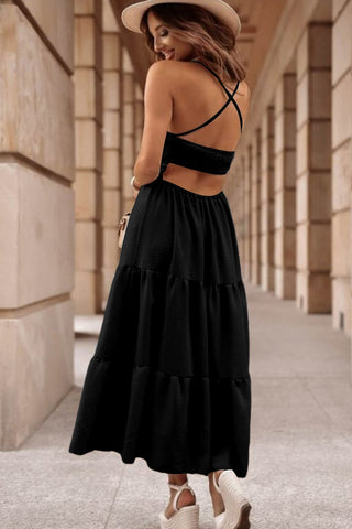 Black Crossover Backless Bodice Tiered Maxi Dress - Alleure