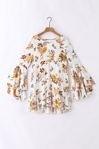 White Floral Layered Flounce Sleeve Ruffle Mini Dress - Alleure