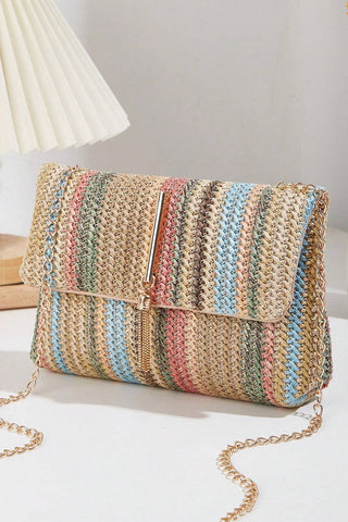 Camel Woven Striped Flapped Single Shoulder Bag - Alleure