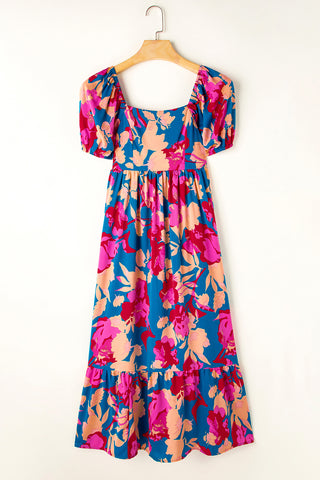 Dark Blue Square Neck Bubble Sleeve Ruffle Hem Floral Dress - Alleure