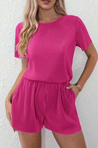 Bright Pink Ribbed T Shorts Set