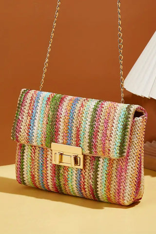 Camel Woven Striped Flapped Single Shoulder Bag - Alleure