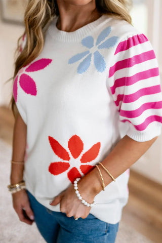 White Knit with Flowers and Pink Striped Sleeves