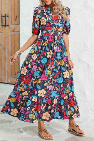 Wholesale Green Floral Print Split V Neck Puff Sleeve Maxi Dress - Alleure